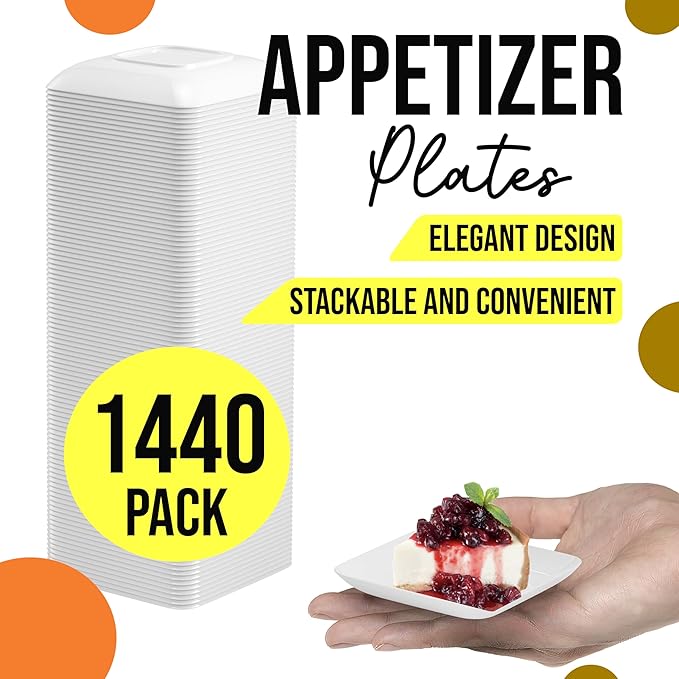 Exquisite Tiny Mini Dessert Plates Disposable Appetizer Plates - 1440 Pack 2.4 In. x 2.4 In. White Dessert Plates - Small Plastic Disposable Dessert Plates are BPA Free - Wedding Dessert Plates