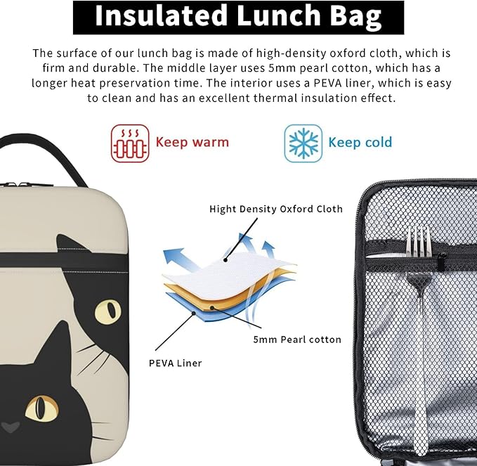 VANZEV Black Cat Lunch Box for Adults Women Girls Boys Kids Funny Cat Lunch Box Insulated Cooler Reusable Lunch Bag Container Gifts for Work Office Picnic Travel School
