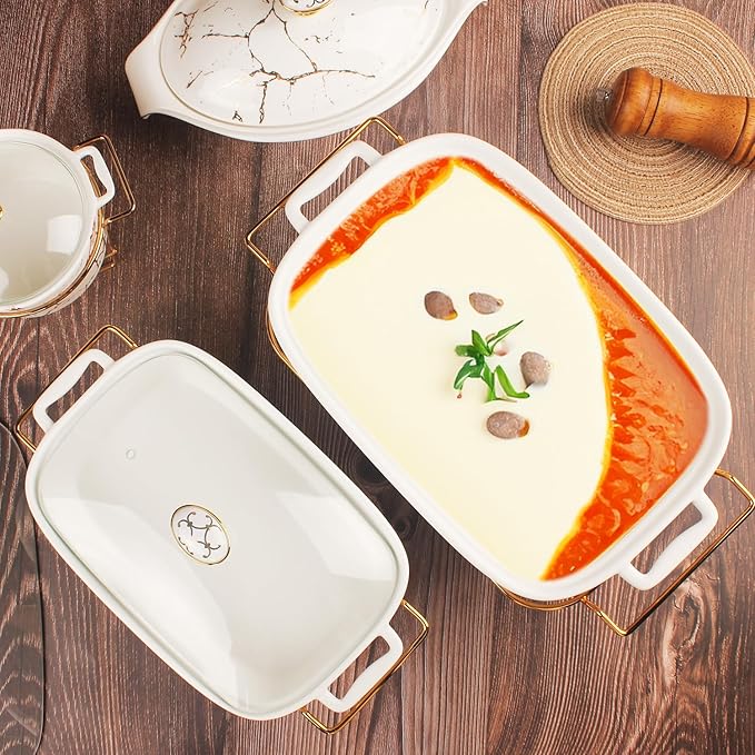 10" x 6" Ceramic Casserole Dish with Glass Lid and rack, 30 oz Serving Soup Tureen,Chafing Dish for Buffet, Family Food preserve Tray, Catering Casserole for Party Style