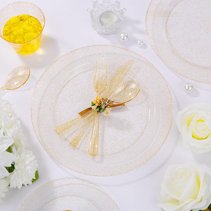 I00000 350 Pcs Gold Glitter Plastic Dinnerware Set for 50 Guests, Plastic Disposable Plates for Party, Include: 50 Dinner Plates,50 Dessert Plates,50 Paper Napkins, 50 Cups, 50 Silverware Set