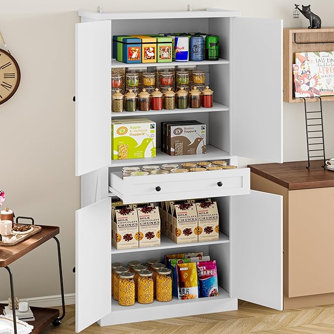 Pantry Organizers and Storage Cabinet, 70??Barn Door White Kitchen Cabinet with Drawers and Adjustable Shelf, Tall Pantry for Kitchen, Dining Room, Living Room Bedroom