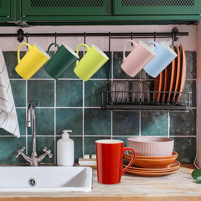Multi-Coloured Ceramic Mugs Set of 6-13.5oz / 400ml -Coffee Mugs-Cappuccino-Tea Cups- Hot Chocolate Cups (Red, Blue, Yellow, Green, Pink, Blackish Green, Large)