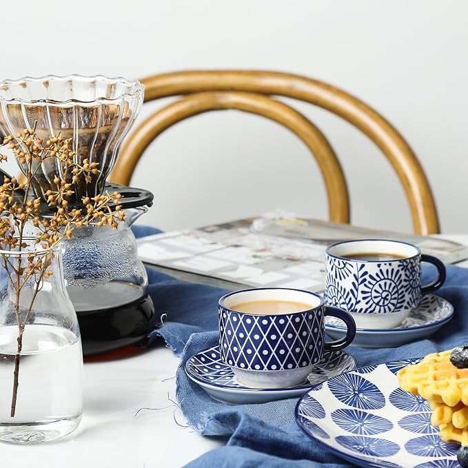 Selamica Ceramic Espresso Cups with Saucers and Metal Stand, 2.5 OZ Stackable Demitasse Cups for Espresso Latte Caf챕 Mocha Tea, Set of 4, Vintage Blue