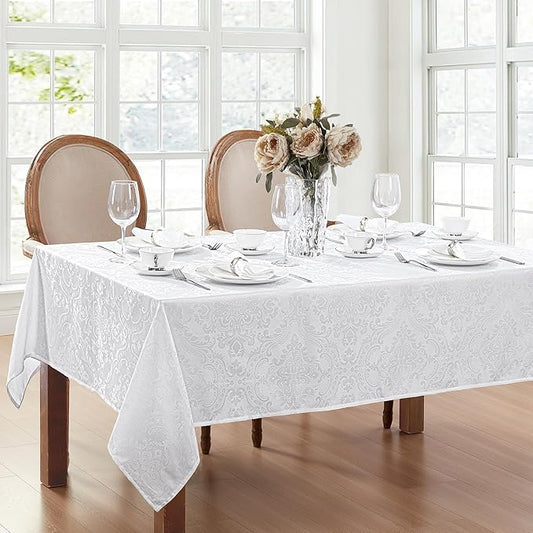 Elrene Home Fashions Caiden Elegance Damask Waterproof, Stain & Wrinkle Resistant Fabric Tablecloth, 60" x 84" Oblong/Rectangle, White