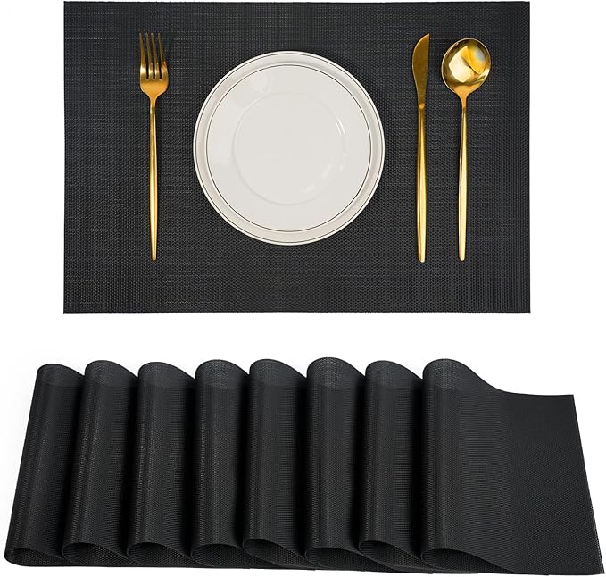 flohar Placemats Set of 8竊똍on-Slip PVC Weave Table Mats Easy to Clean竊똇eat Resistant Place Mats for Kitchen Dining Table Decoration Indoor Outdoor竊똁lack