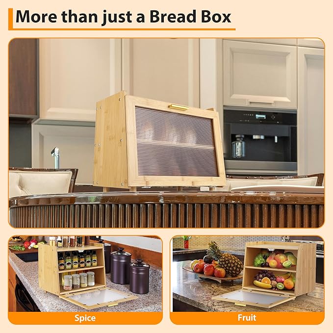 Double Layer Bread Box, Large Capacity Kitchen Counter Storage Container with Acrylic Clear Window and Hinge Door,Farmhouse Style Bread Keeper,Natural