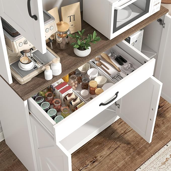 71" Pantry Cabinet with Charging Station, Large Capacity Kitchen Hutch Storage Cabinet, Kitchen Cabinet with Microwave Stand, Storage Drawers & Adjustable Shelves for Dining Room, White