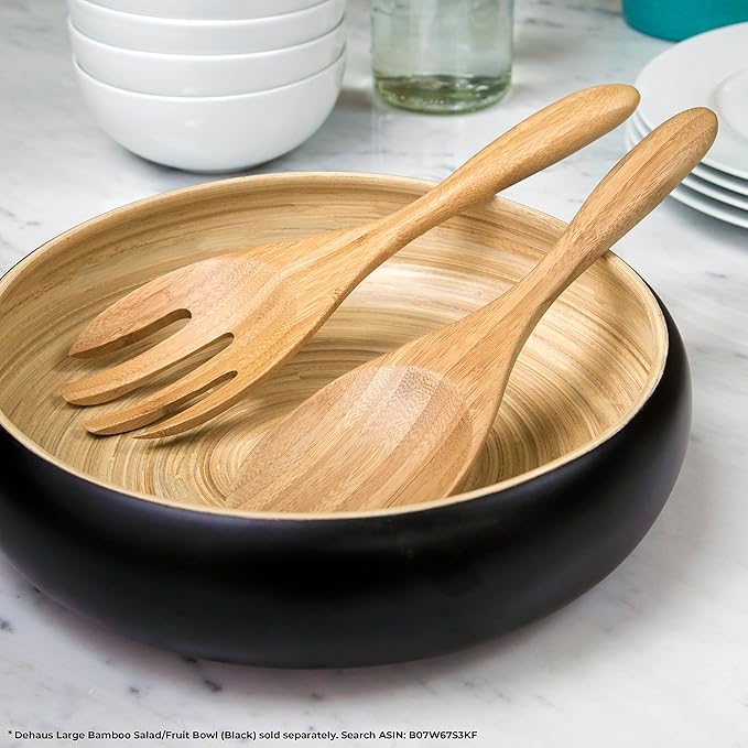 Dehaus짰 Large Premium Bamboo Salad Tongs - Eco Friendly Wooden Serving Spoons - Salad Serving Utensils - Salad Tosser Forks - Giant Wood Salad Servers - 12 inch Salad Hands