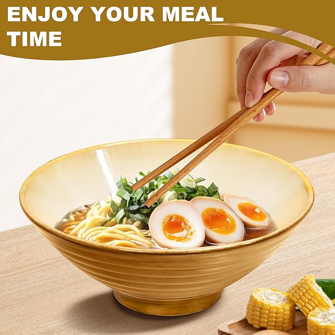 8-Inch 2 Sets Ceramic Ramen Bowl (8 Piece) - Japanese Porcelain Dishwasher Microwave Safe Salad Noodles Cereal Pasta Soup Large Bowls with Chopsticks Forks Spoons for Men Women Housewarming Gift