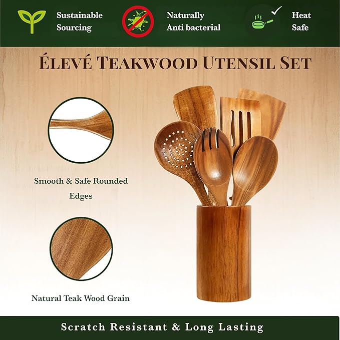Natural Teak Wooden Spoons for Cooking & Serving Spoons | 9-Piece Home and Kitchen Wooden Utensil Set with Utensil Holder & Spoon Rest | Durable and Non-Stick Wooden Kitchen Utensils Set