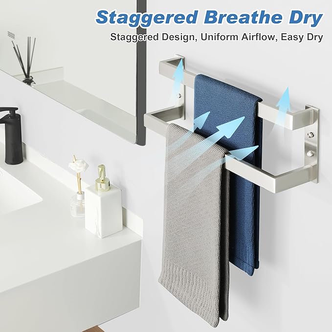Alise Double Towel Bar, Brushed Nickel Towel Racks for Bathroom Wall Mounted, Stainless Steel Bathroom Towel Holder, Modern Space Saving Towel Rod, 16"