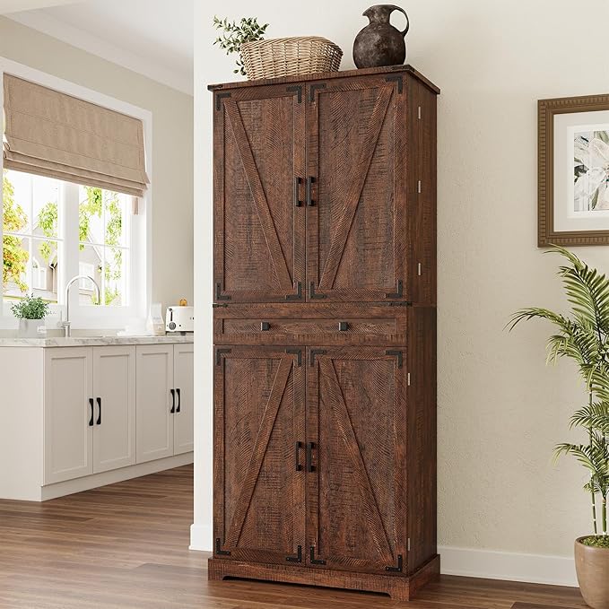 ELYKEN 72" Kitchen Pantry Storage Cabinet with Barn Doors, Pull Out Shelves & Drawer Organizer, Farmhouse Tall Kitchen Cupboard Cabinet, Wood Food Pantry for Kitchen Dining Room, Rustic Brown