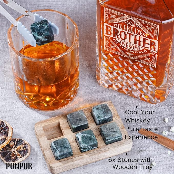 PONPUR Gifts for Brother, Whiskey Decanter Set with 2 Whisky Glasses, Unique Cool Stocking Stuffers Birthday Gift for Brothers from Sister, Best Christmas Presents for Men