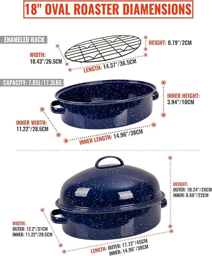 Roasting Pan with Lid and Rack 18" Deep Large Oval Enamel Roaster Pan, Oven Dishwasher Safe Non-Stick Non-Toxic Roast Pot for Turkey Ham Steak Roasts & Bread, Wife's Christmas Gift