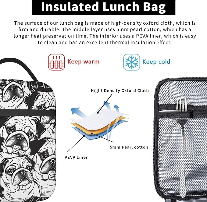 VANZEV Cute Pug Lunch Box for Adults Women Girls Boys Kids Animal Dog Lunch Box Insulated Cooler Reusable Lunch Bag Container Gifts for Work Office Picnic Travel School