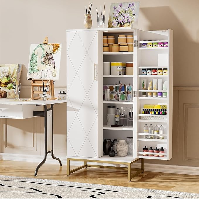 51??Kitchen Pantry Storage Cabinet, White Freestanding Pantry Cabinets with Doors and Adjustable Shelves, Buffet Cupboards Storage Cabinet for Home Office Use, Dinning Room(White + Gold)