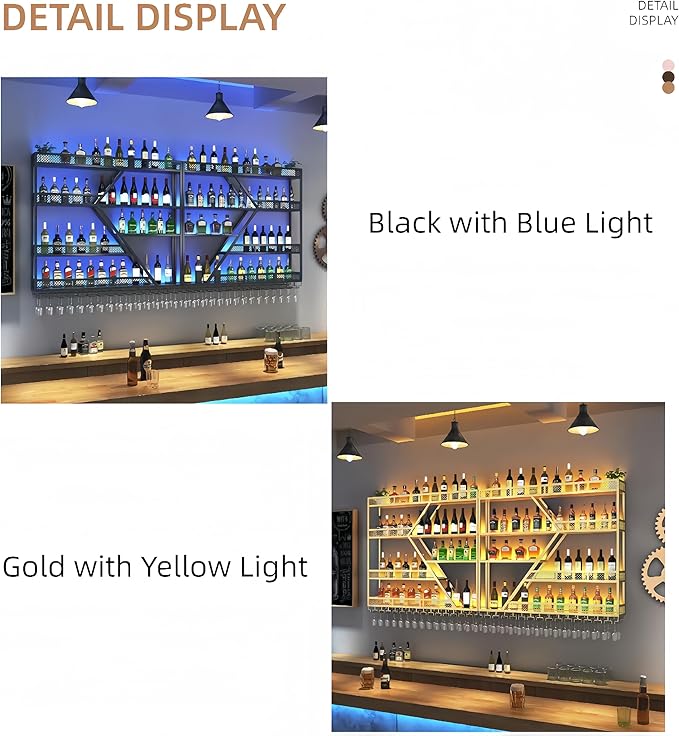 Modern Wall Mounted Wine Rack w/LED Light, Metal Wall Bar Shelves Wall Mounted w/Glass Holder, Large Liquor Shelf for Liquor Bottles for Home Bar & Dining Room(Gold-Blue Led, 59in/150cm)