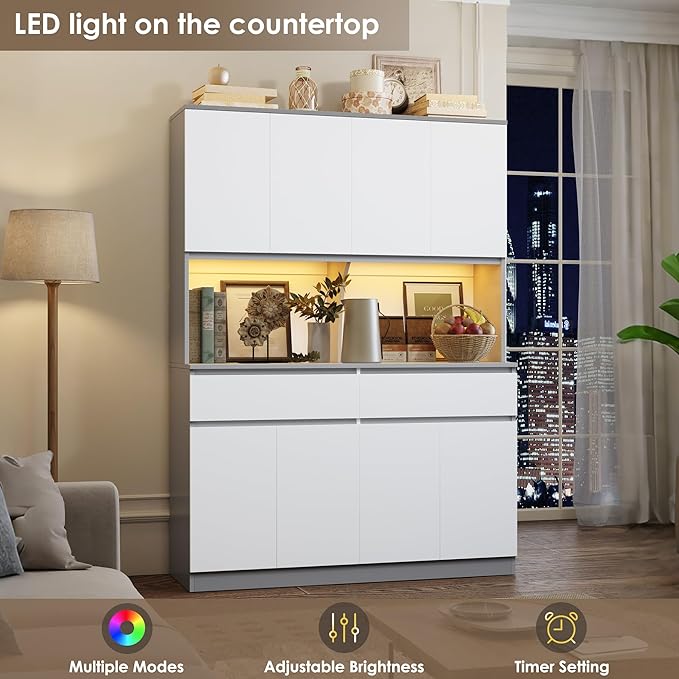 Keyluv 75" H LED Kitchen Pantry Cabinet with Doors, Large Kitchen Hutch Storage Cabinet with Drawers and Lights, Food Pantry with Microwave Stand and Coffee Bar, Adjustable Shelves, White/Gray