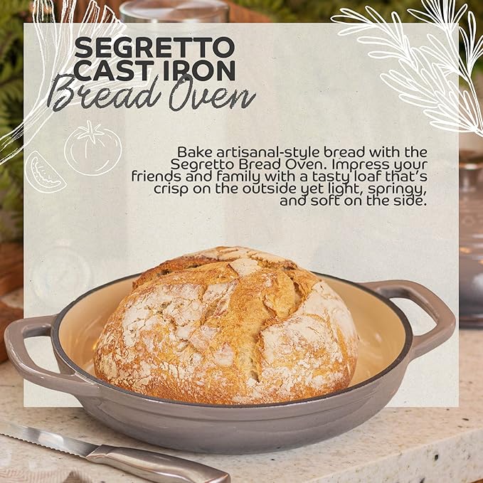 Enameled Cast Iron Bread Pan with Lid, 11??Grigio Scuro (Gray) Bread Oven Cast Iron Sourdough Baking Pan, Dutch Oven for Bread - Segretto Cookware