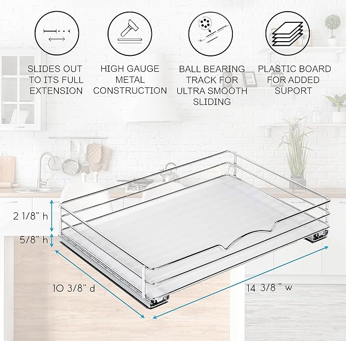 Pull Out Cabinet Organizer for Spices, Cans - Heavy Duty with Lifetime Limited Warranty- Pull Out Spice Rack- Cabinet Pull Out Shelf for Cans,Dishes, Etc, 14-3/8"Wx 10-1/2"D x 2-3/4??H, Chrome