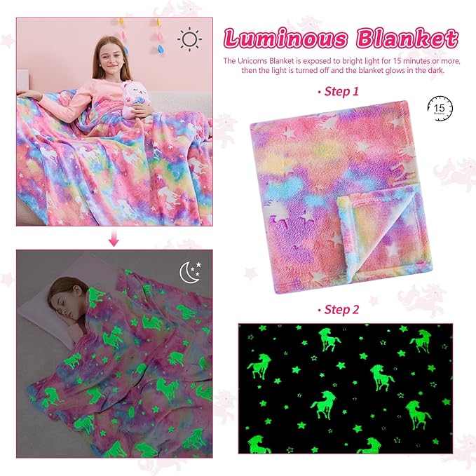 QSTEHEML Unicorn Glow in The Dark Blanket,Unicorn Gifts Toys for Kids Girl Age 3-12 Years Old,Birthday Gifts for Toddler, Teen,Christmas Birthday Bedroom Decor 50"횞60"