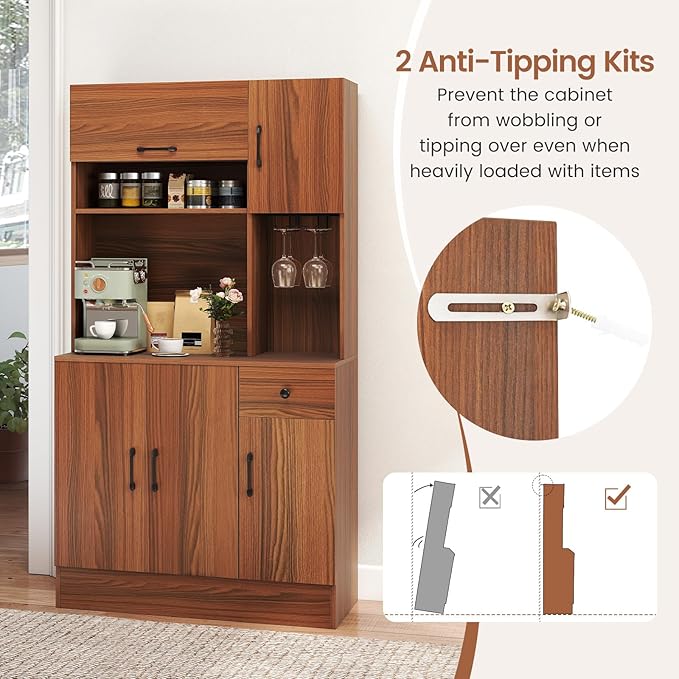 Giantex Kitchen Pantry Cabinet with Charging Station, 66" Hutch Cabinet w/Microwave Stand, Storage Drawer, Adjustable Shelves & Wine Glass Holder, Buffet Cupboard for Coffee Bar, Living Room, Walnut