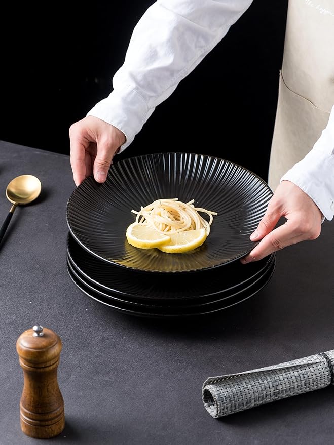 CLAY TONIC Set of 4-10.3 Inch Japanese Style Porcelain Round Dinner Plates, Versatile Circular Serving Plates for Pasta, Salad, Steak Dinner (Black, 10.3 Inches)