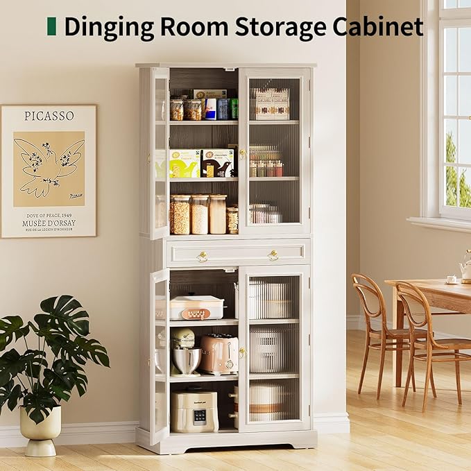 Kitchen Pantry Cabinet with Arcylic Doors and Adjustable Shelves - 72" Tall Storage Cabinet Freestanding Cupboard with Drawer, Food Pantry Cabinet, Wood Storage Cabinets for Dining Room, White