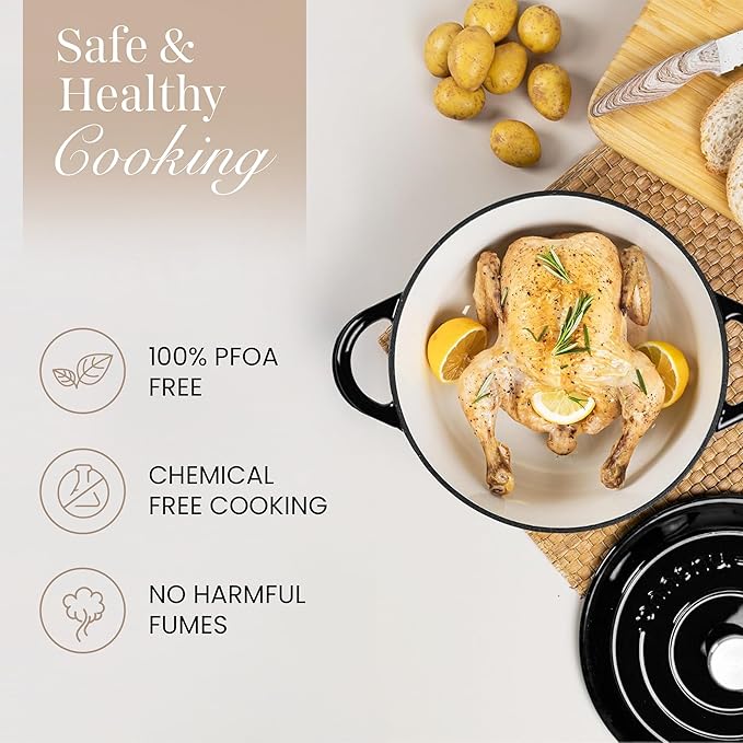 Nuovva Enamelled Cast Iron Dutch Oven Pot with Lid ??6.4 Quart Non Stick Casserole Pot ??Heavy Duty & Oven Safe up to 500째 F for Bread Baking, Braising, Stews, Roasting ??28cm Black
