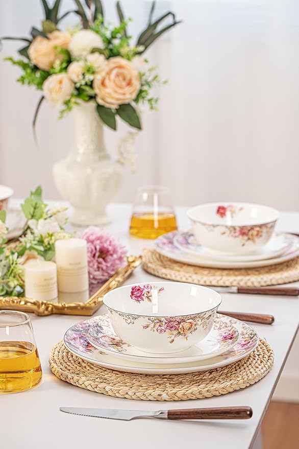 FHGNYSM Dinnerware Sets, Plates Set, with Bowels, Artistic 12-Piece Ceramic Dinnerware, for Home Restaurant, Chip and Scratch Resistant, Microwave and Dishwasher Safe, Rose Collection