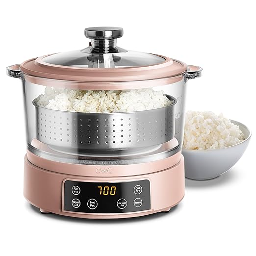 COOK WITH COLOR 3L Glass Mini Low Carb Rice Cooker ??Holds 2 Cups Raw/Makes 6 Cups Cooked with Auto Lift Filter Basket, Hotpot & Steamer for Rice, Grains, Digital Panel with Keep Warm, Dusty Rose