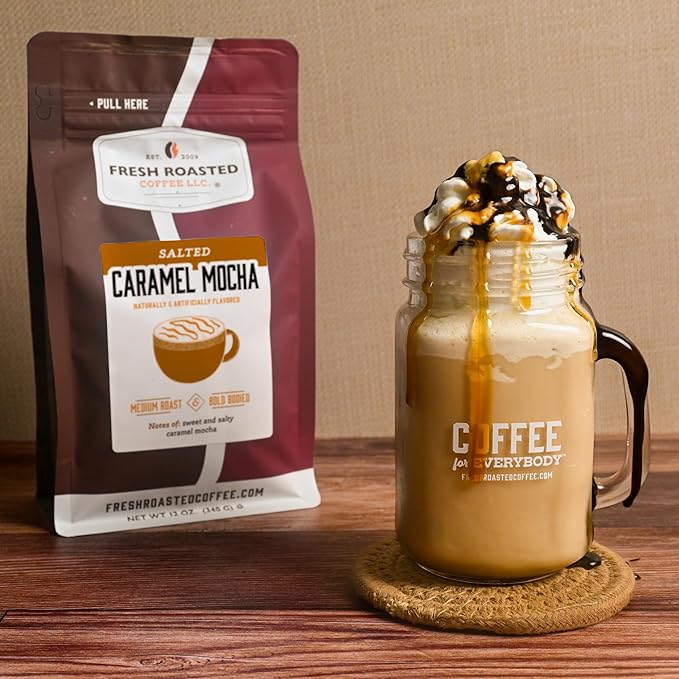 Fresh Roasted Coffee, Salted Caramel Mocha Flavored Coffee, 12 oz, Medium Roast, Kosher, Ground