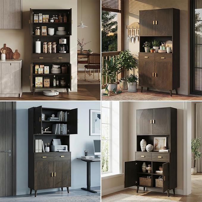 LIKIMIO 71.6" Mid-Century Kitchen Pantry Storage Cabinet, 3 Adjustable Shelves, 2 Drawers, 4 Line Grooved Doors, Elegant Solid Legs, Tall Kitchen Cupboard Hutch for Dining -Room, Living-Room, Walnut