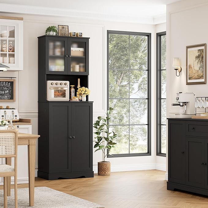 HOSTACK 71'' Pantry Cabinet, Tall Storage Cabinet with Microwave Stand, Freestanding Kitchen Hutch with Doors and Adjustable Shelves, Mordern Food Pantry for Kitchen, Dining Room, Black