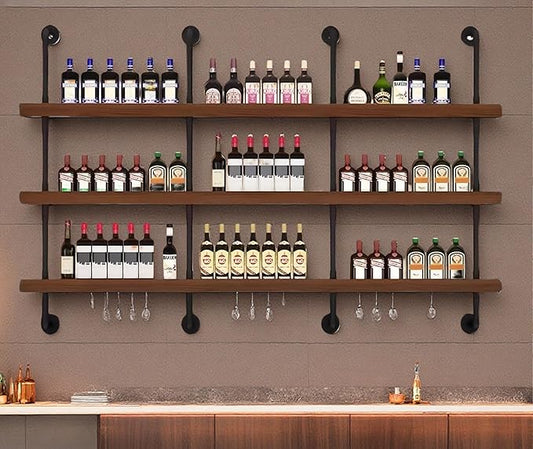 86 Inch Large Wall Mounted Wine Rack, 3 Tier Industrial Pipe Shelf Rustic Wood Floating Shelves, Wall Bar Shelves for Liquor Bottles Display Storage Organizer for Dining Room(Walnut, No Lights)