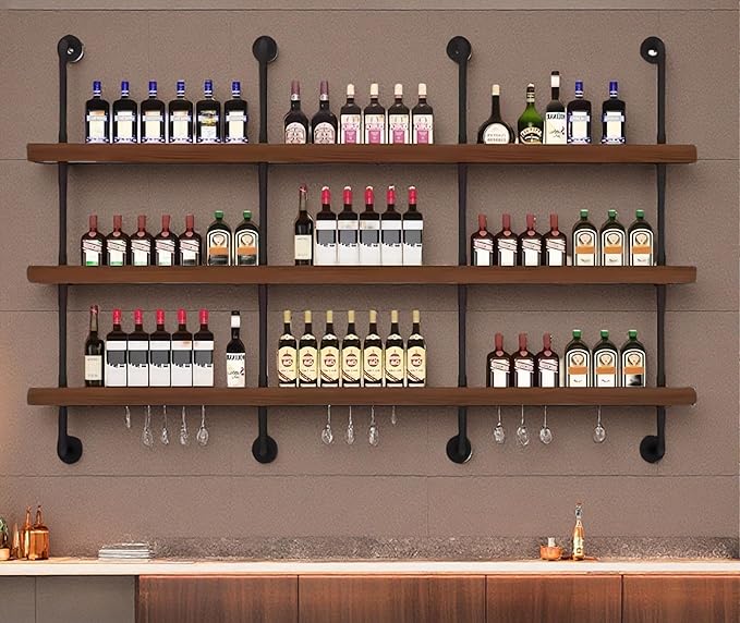 79 Inch Large Wall Mounted Wine Rack, 3 Tier Industrial Pipe Shelf Rustic Wood Floating Shelves, Wall Bar Shelves for Liquor Bottles Display Storage Organizer for Dining Room(Walnut, No Lights)