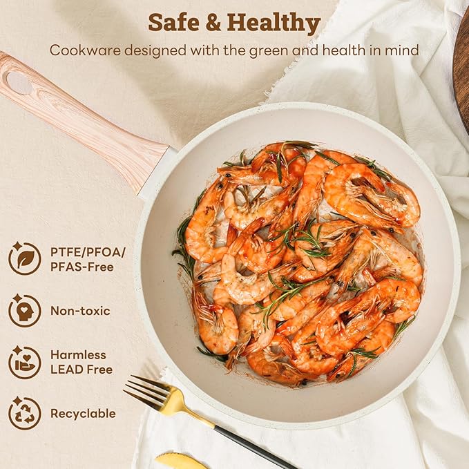 17 Pcs Pots and Pans Set Non stick竊똂ookware Sets White Granite Induction Cookware, Non-toxic Healthy Non Stick Kitchen Cooking Set with Frying Pans Set, Saucepans (PFAS, PFOA, PFOS Free) White