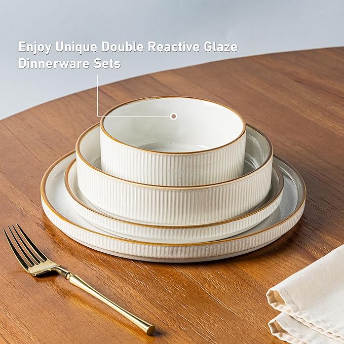 GBHOME Stoneware Dinnerware Sets for 6,Round Reactive Glaze Ceramic Plates and Bowls Set,Highly Scratch Resistant | Dishwasher & Microwave Safe Dishes Set,Service for 6(18Pcs),Pearl White