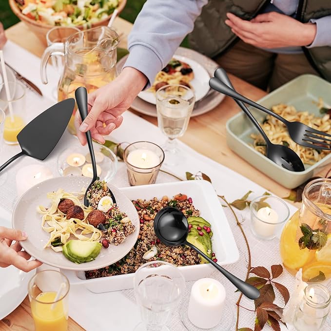 A 쨌 HOUSEWAR Black Flatware Serving Set 7 Piece Stainless Steel Catering Utensils include Soup Ladle Large Slotted Spoon Big Server Fork12??Cake Knife Pizza Spatula Parties Buffet