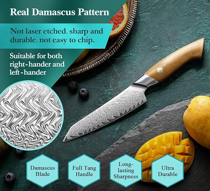 HEZHEN Kitchen Utility Knife, 5.5 Inches, 67 Layers Damascus Steel, Multifucational Paring Knife for Chefs and Home Cooking, Ultra-sharp Blade with Linen Micarta Handle, Gift Packing