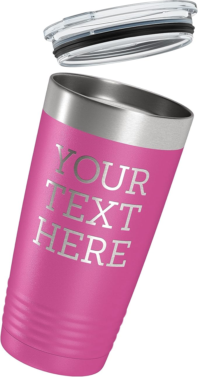 Personalized 20oz (17 Colors) Powder Coated Insulated Stainless Steel Tumbler with Lid, Custom Etched, Customized Text Message Name, Engraved Gift Idea Women Men Him Her, Your Text Here (Pink)