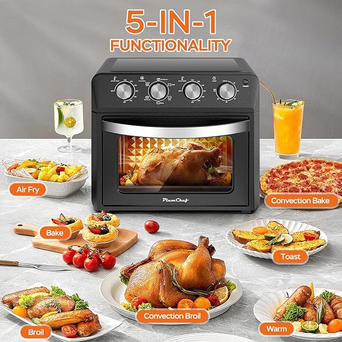 27.5QT 6-in-1 Air Fryer Toaster Oven Extra Large Dropdown-Door 6-Slice Convection Oven for Air Frying, Baking, Roasting, Broiling & Grilling, Stainless Steel Housing, Black