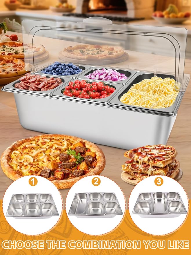 Lanstics 2P Pizza Topping Station 7 Pans Stainless Steel Spice Organizer Salad Bar Buffet Station with Spoons Ice Boxes Buffet Containers Set for Sauce Jam Ingredient Kitchen Restaurant Pantry