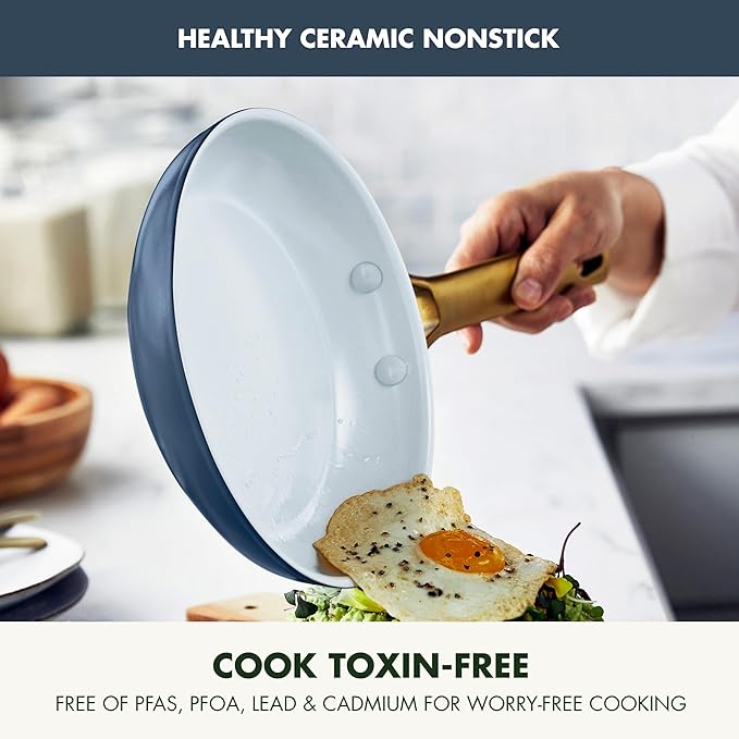 GreenPan 3 Piece Ceramic Cookware Set, Non Stick Frying Pans (8??10??& 12??Skillets), PFAS-Free Non-Toxic Induction Cookware, Hard Anodized, Kitchen Pots, Dishwasher Safe, Navy, Taupe, Cream