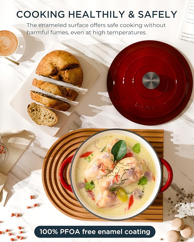 Enameled Cast Iron Dutch Oven - 4.5QT Pot with Lid & Cotton Potholders - Heavy-Duty Cookware for Braising, Stews, Roasting, Bread Baking, Oven Safe up to 500째F & Suitable for All Cooktops, Cherry Red
