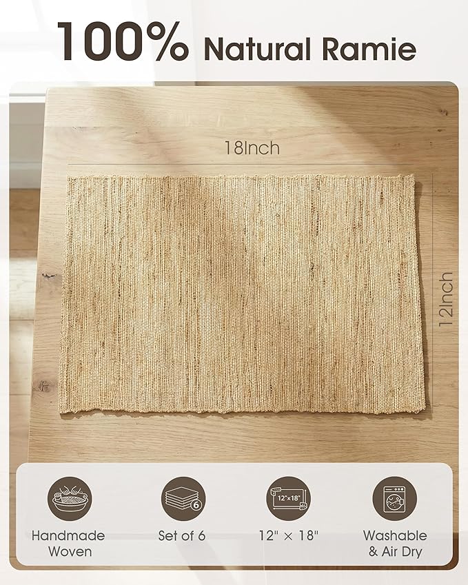 Handwoven Natural Fiber Placemats Set of 6, 12?쓝18??Woven Table Mats for Dining Table, Heat-Resistant & Washable, Farmhouse, Boho & Neutral Home Decor