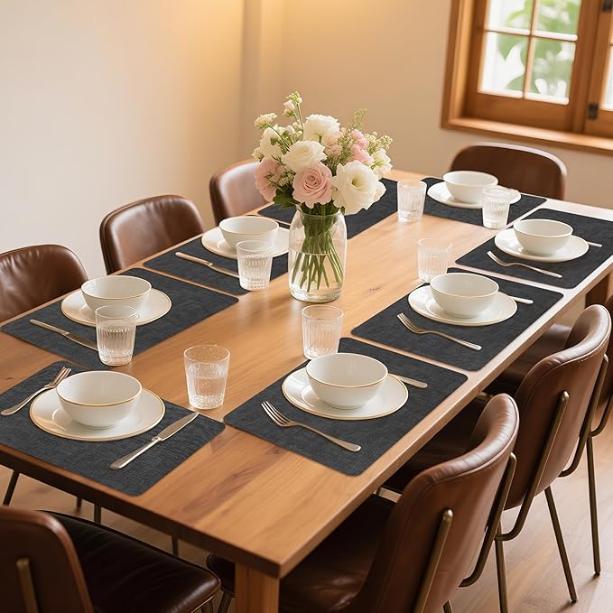 Maxpearl Faux Leather Placemats Set of 8 - Waterproof - Wipe Clean - Heat Resistant - Non Slip Dining Table Place Mats, Suitable for Indoor & Outdoor Use, 17?쇺셹12?쇺? Black