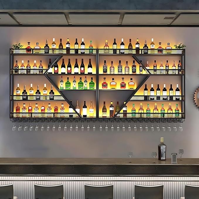 79in Metal Wine Rack Wall Mounted, Modern Wine Storage Rack Wall Mounted with Wine Glass Holder, Liquor Shelf, Bar Shelves for Liquor Bottles (4 Tiers Black, 79 * 7.87 * 48.5INCH)