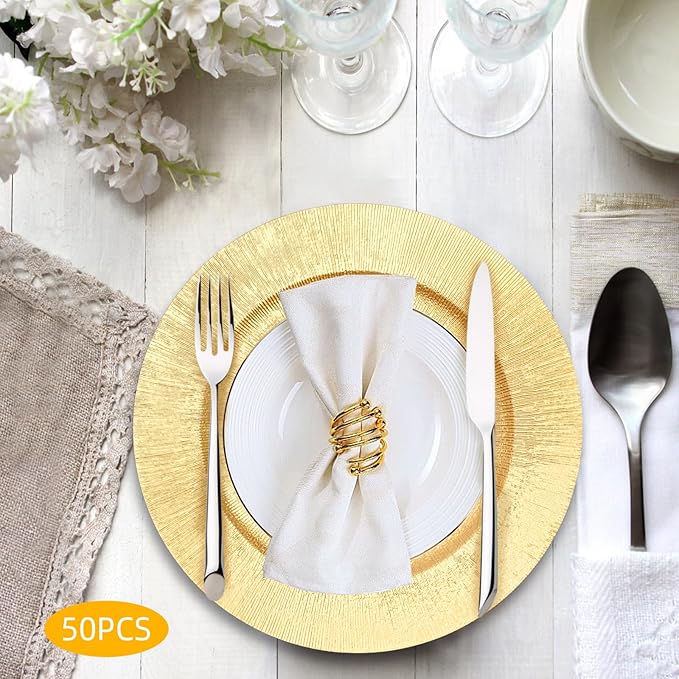 50pcs Gold Charger Plates, 13" Round Reusable Decorative Flower Relief Carving Bulk Chargers for Dinner Plates, Wedding, Bridal Shower