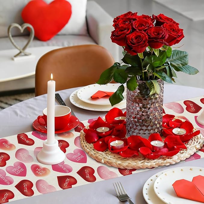 Valentines Day Table Runner 13x90 Inch, Be Mine Kiss XOXO Love Hearts Valentine Table Runner, Anniversary Home Kitchen Dining Table Holiday Party Decorations